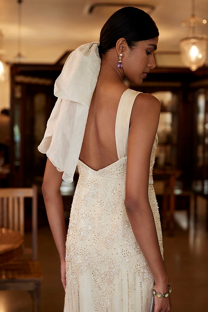 Sand Viscose Jacquard Embellished Straight Engagement Gown by Parshya at Pernia's Pop Up Shop