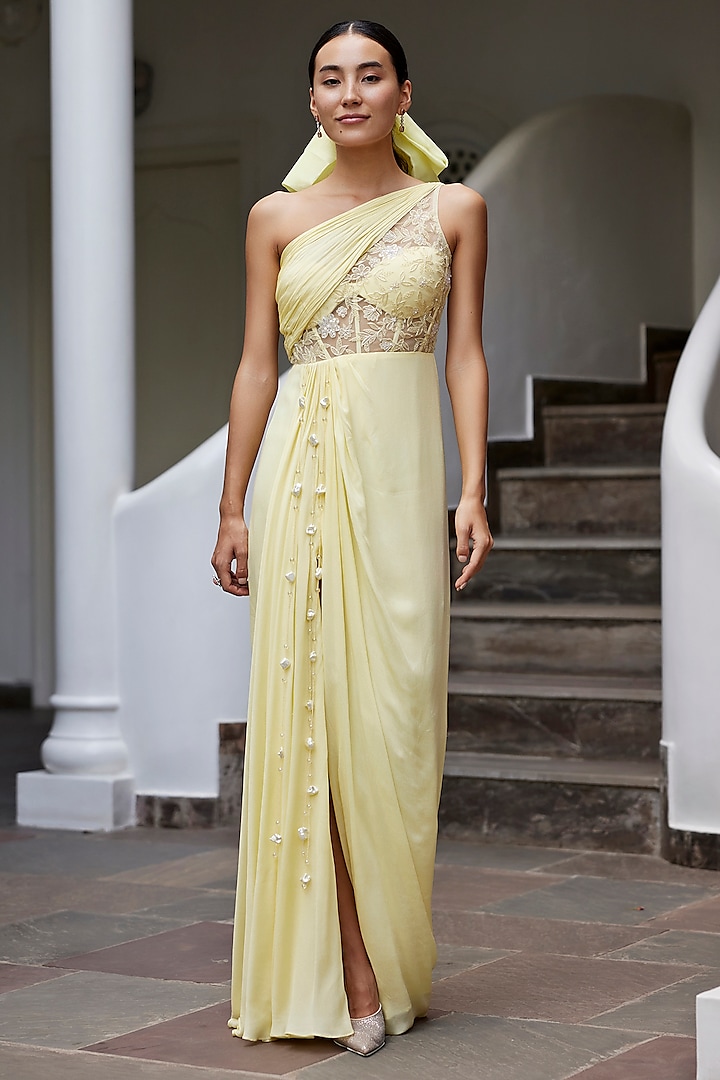 Yellow Viscose Crepe Georgette Floral Cutwork One-Shoulder Gown by Parshya