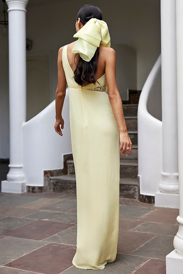 Yellow Viscose Crepe Georgette Floral Cutwork One-Shoulder Engagement Gown by Parshya at Pernia's Pop Up Shop