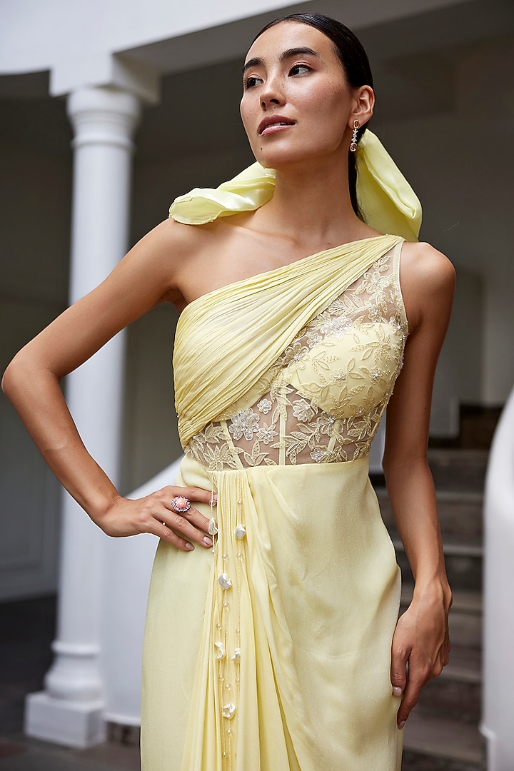 Yellow Viscose Crepe Georgette Floral Cutwork One-Shoulder Engagement Gown by Parshya at Pernia's Pop Up Shop