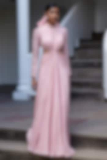 Pink Viscose Shimmer Satin 2D Embroidered Gown by Parshya at Pernia's Pop Up Shop