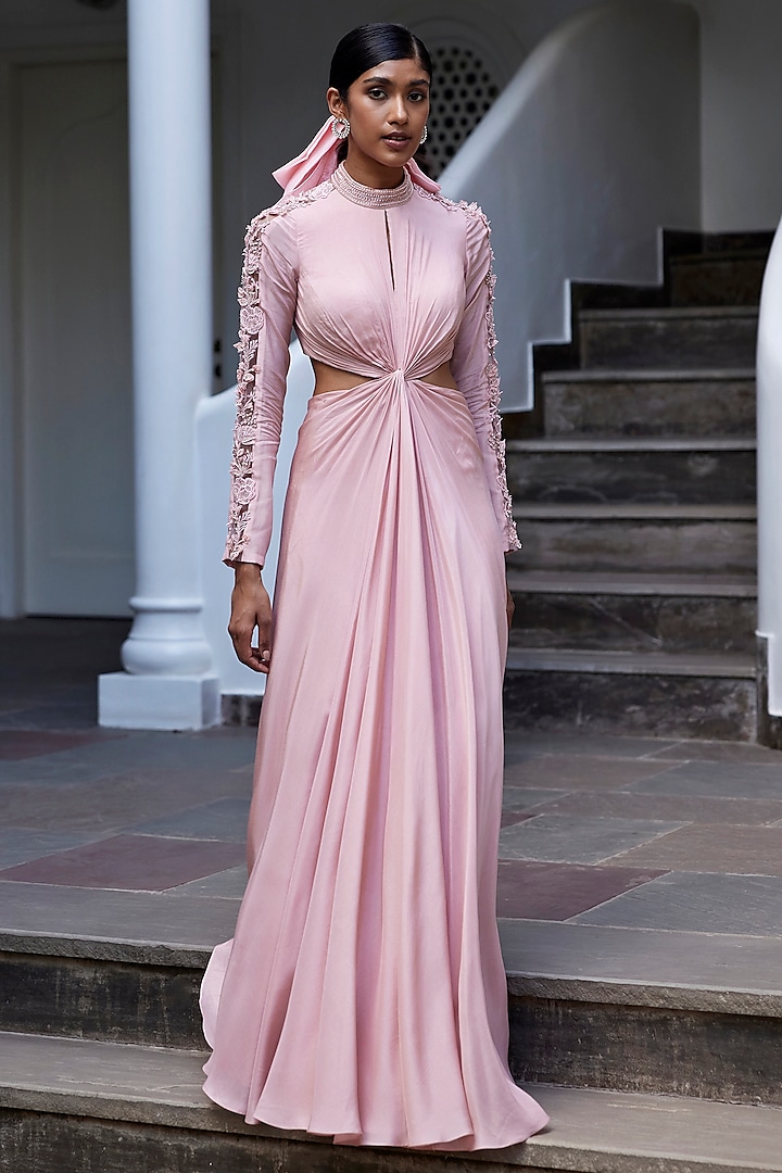 Pink Viscose Shimmer Satin 2D Embroidered Gown by Parshya at Pernia's Pop Up Shop