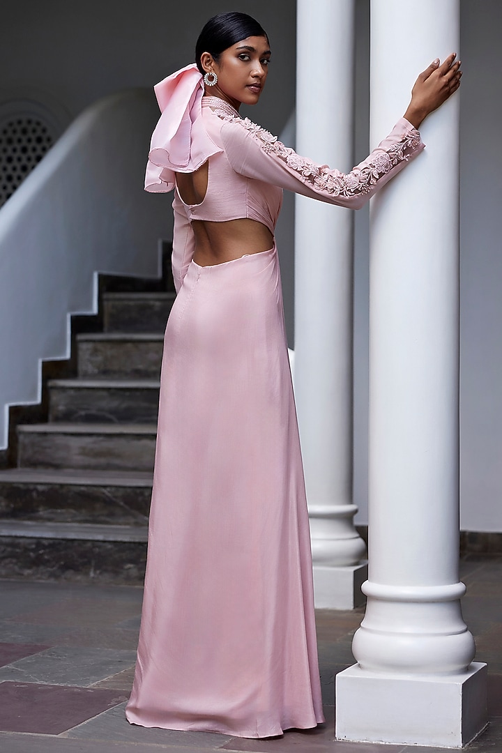 Pink Viscose Shimmer Satin 2D Embroidered Engagement Gown by Parshya at Pernia's Pop Up Shop