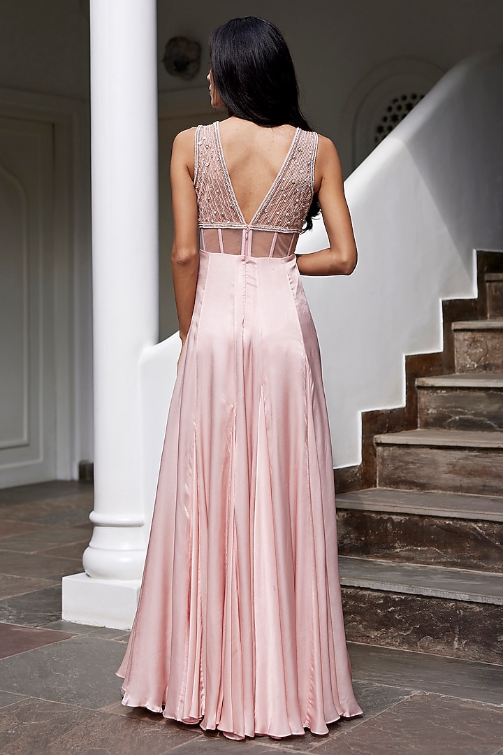 Pink Viscose Georgette Satin High-Low Flared Engagement Gown by Parshya at Pernia's Pop Up Shop