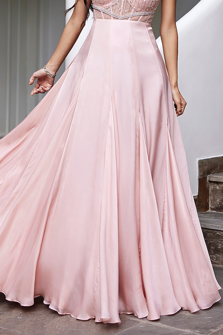 Pink Viscose Georgette Satin High-Low Flared Gown by Parshya at