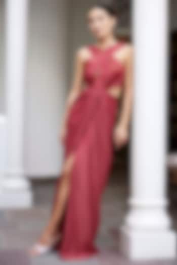 Rust Viscose Shimmer Satin Hand Embroidered Overlapped Gown by Parshya