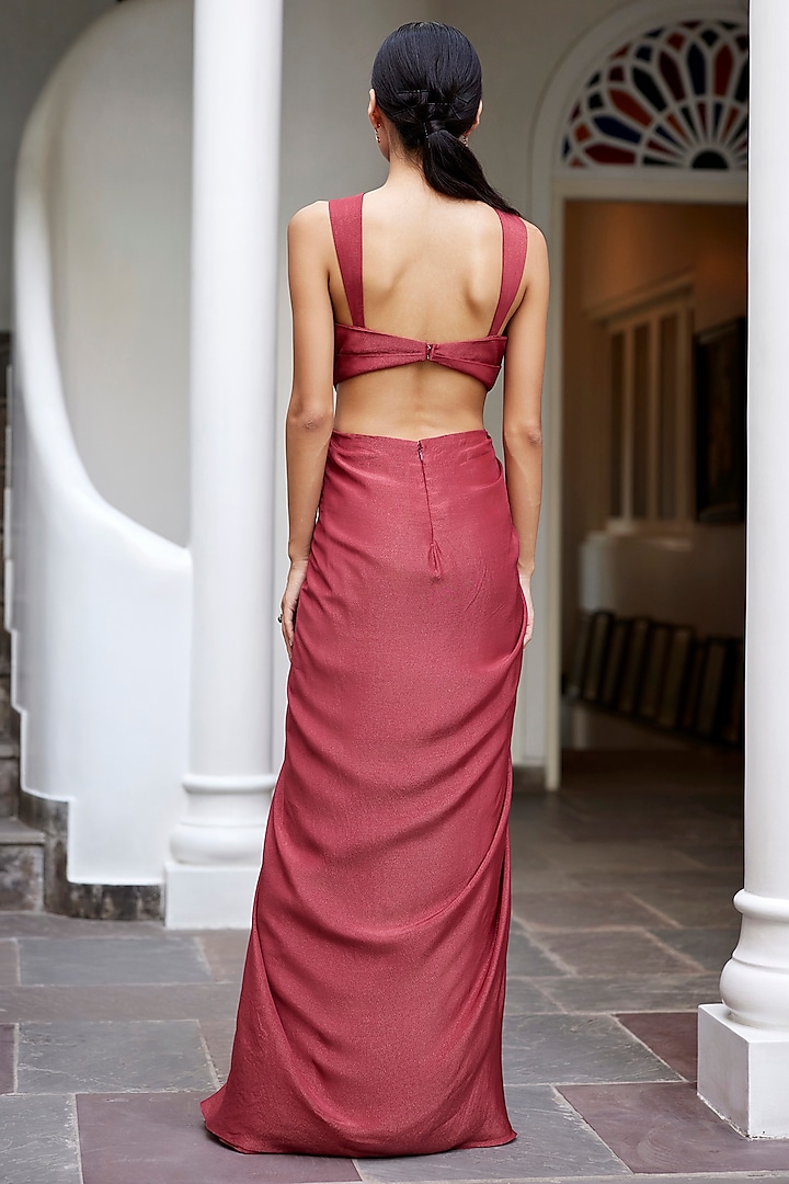 Rust Viscose Shimmer Satin Hand Embroidered Overlapped Engagement Gown by Parshya at Pernia's Pop Up Shop