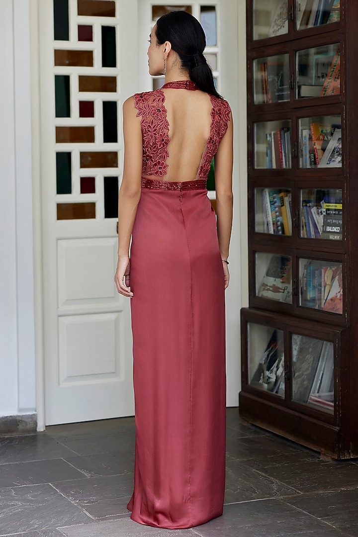 Rust Viscose Georgette Satin Hand & Machine Embroidered Center Draped Engagement Gown by Parshya at Pernia's Pop Up Shop