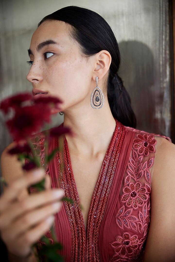 Rust Viscose Georgette Satin Hand & Machine Embroidered Center Draped Engagement Gown by Parshya at Pernia's Pop Up Shop