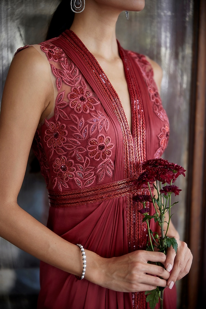Rust Viscose Georgette Satin Hand & Machine Embroidered Center Draped Engagement Gown by Parshya at Pernia's Pop Up Shop