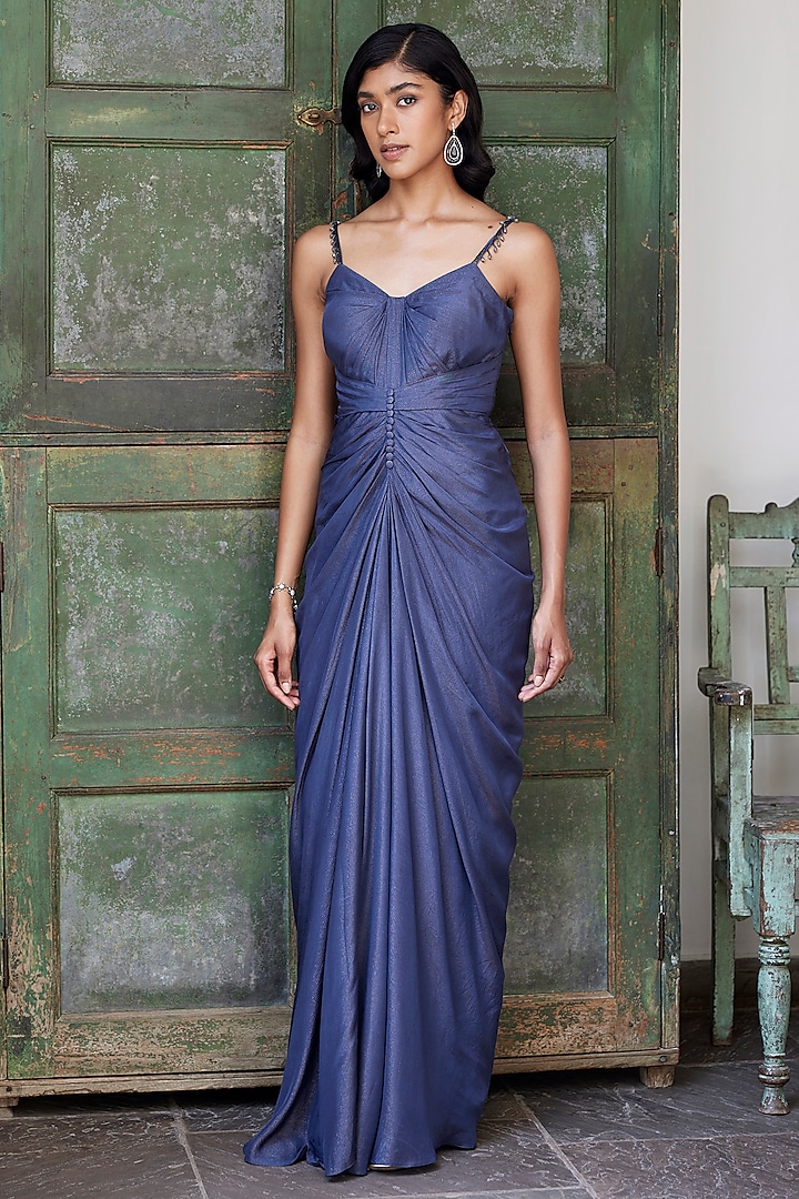 Grey Viscose Shimmer Satin Draped Gown by Parshya