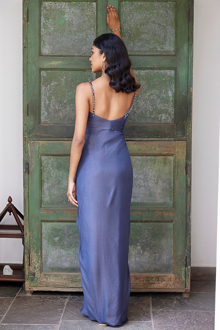 Grey Viscose Shimmer Satin Draped Engagement Gown by Parshya at Pernia's Pop Up Shop