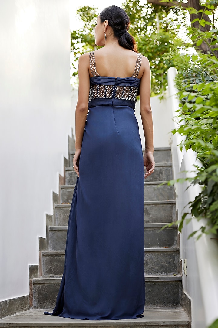Grey Viscose Crepe Georgette Crystal Embroidered Draped Engagement Gown by Parshya at Pernia's Pop Up Shop