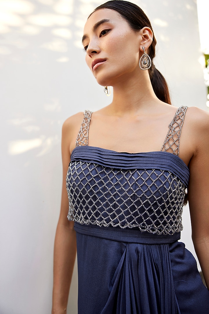 Grey Viscose Crepe Georgette Crystal Embroidered Draped Engagement Gown by Parshya at Pernia's Pop Up Shop