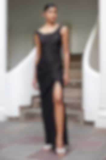 Black Viscose Shimmer Satin Off-Shoulder Gown by Parshya at Pernia's Pop Up Shop