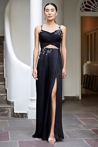 Black Viscose Georgette Satin 3D Floral Embellished Gown by Parshya