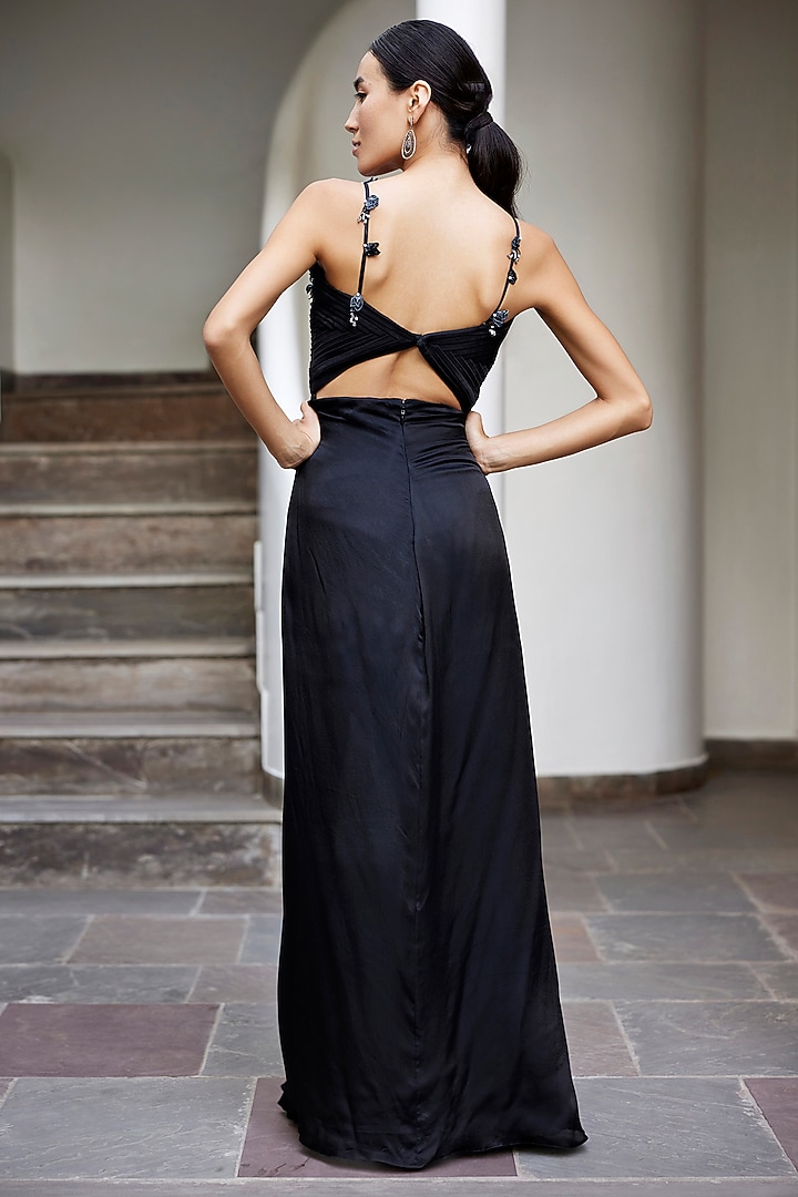 Black Viscose Georgette Satin 3D Floral Embellished Engagement Gown by Parshya at Pernia's Pop Up Shop