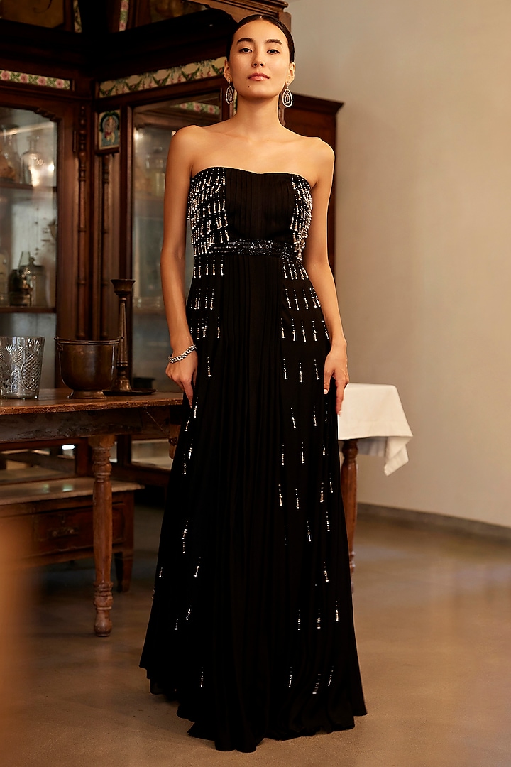 Black Viscose Crepe Georgette Hand Embroidered Pleated Gown by Parshya