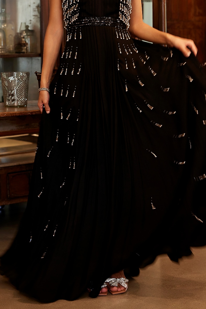 Black Viscose Crepe Georgette Hand Embroidered Pleated Engagement Gown by Parshya at Pernia's Pop Up Shop