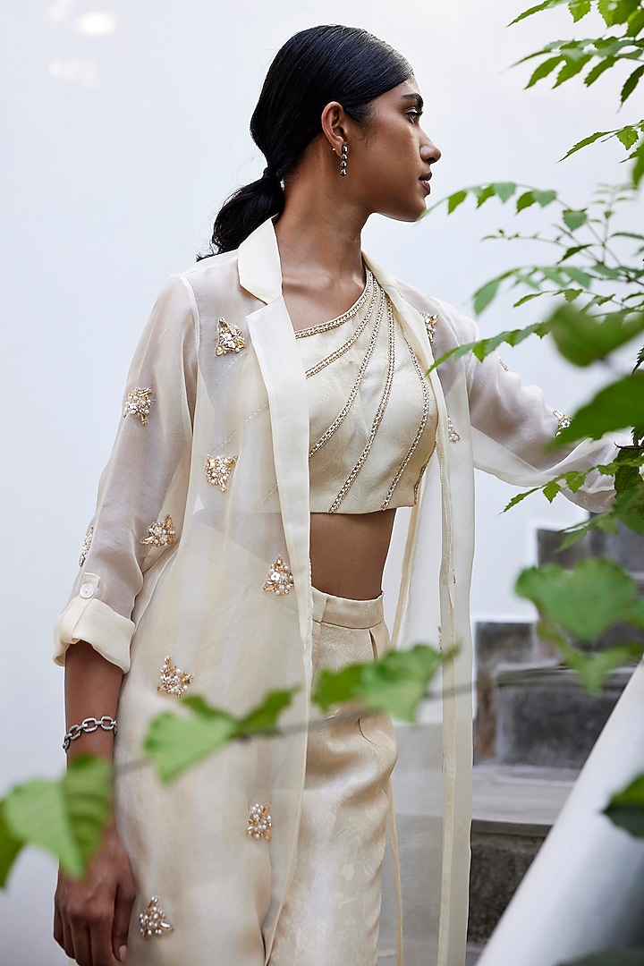 Sand Pure Silk Organza Jacket Set by Parshya at Pernia's Pop Up Shop