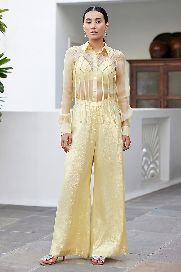 Yellow Pure Silk Organza Hand Embroidered Co-Ord Set by Parshya at Pernia's Pop Up Shop