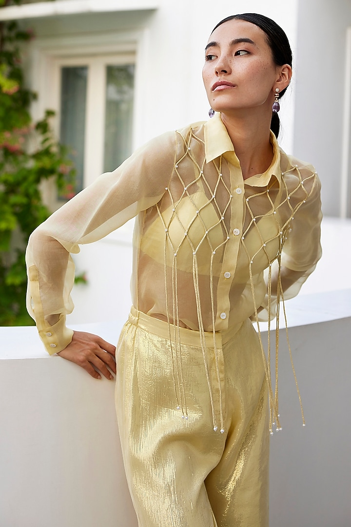 Yellow Pure Silk Organza Hand Embroidered Co-Ord Set by Parshya at Pernia's Pop Up Shop