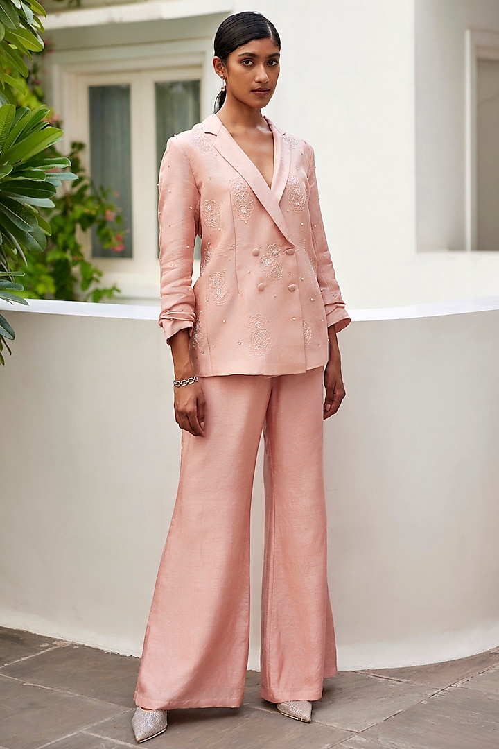 Pink Viscose Jacquard Hand Embroidered Blazer Set by Parshya