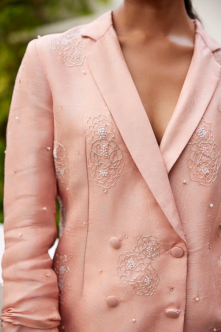 Pink Viscose Jacquard Hand Embroidered Blazer Set by Parshya at Pernia's Pop Up Shop