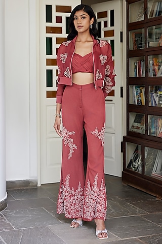 Rust Pure Silk Organza Hand Embroidered Bomber Jacket Set by Parshya