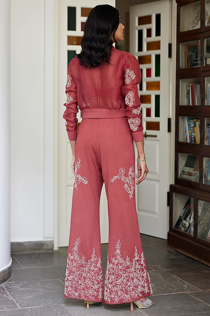 Rust Pure Silk Organza Hand Embroidered Bomber Jacket Set by Parshya at Pernia's Pop Up Shop