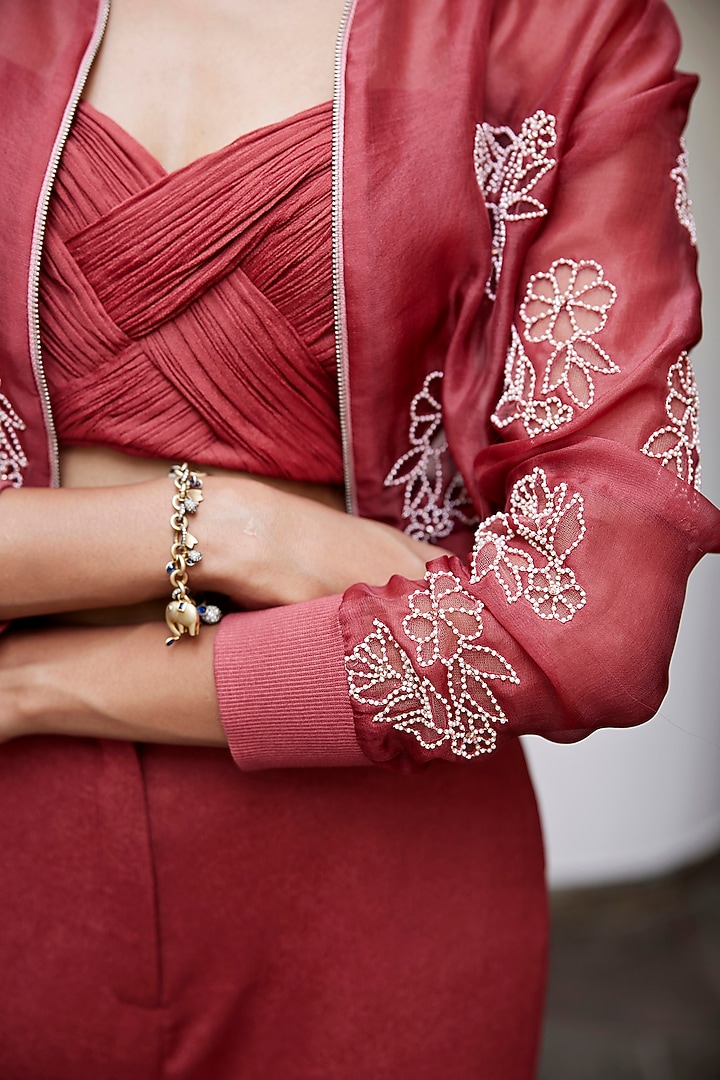 Rust Pure Silk Organza Hand Embroidered Bomber Jacket Set by Parshya at Pernia's Pop Up Shop