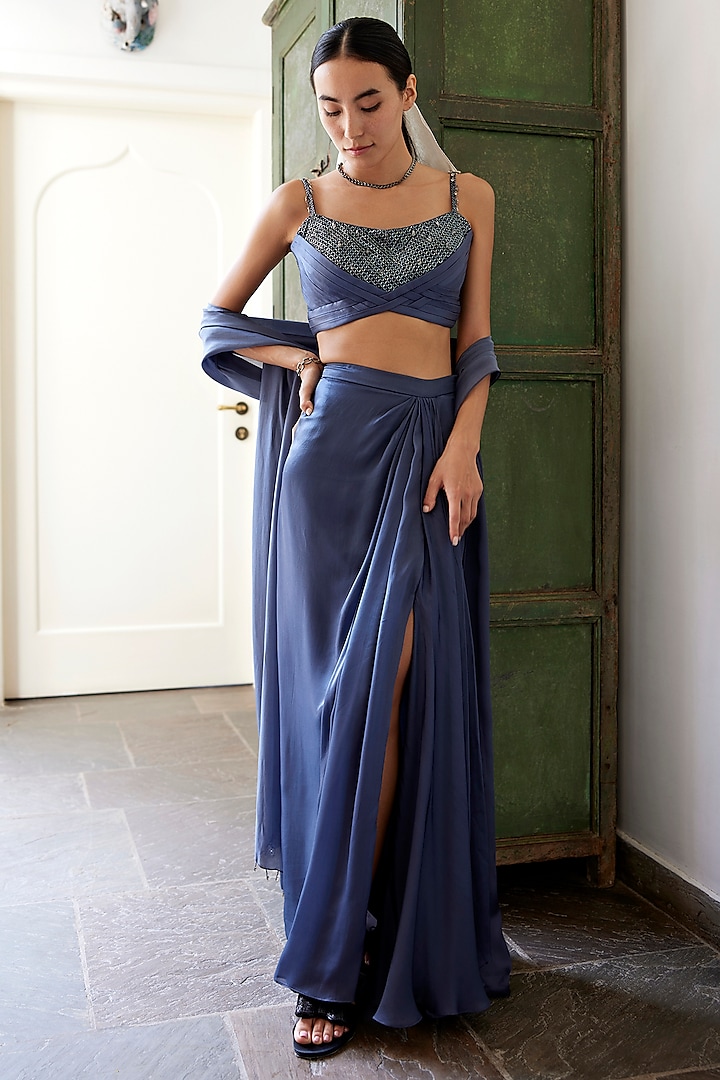 Grey Viscose Georgette Satin Draped Skirt Set by Parshya