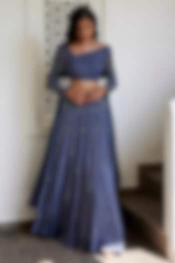 Grey Viscose Shimmer Satin Tassel Flared Skirt Set by Parshya
