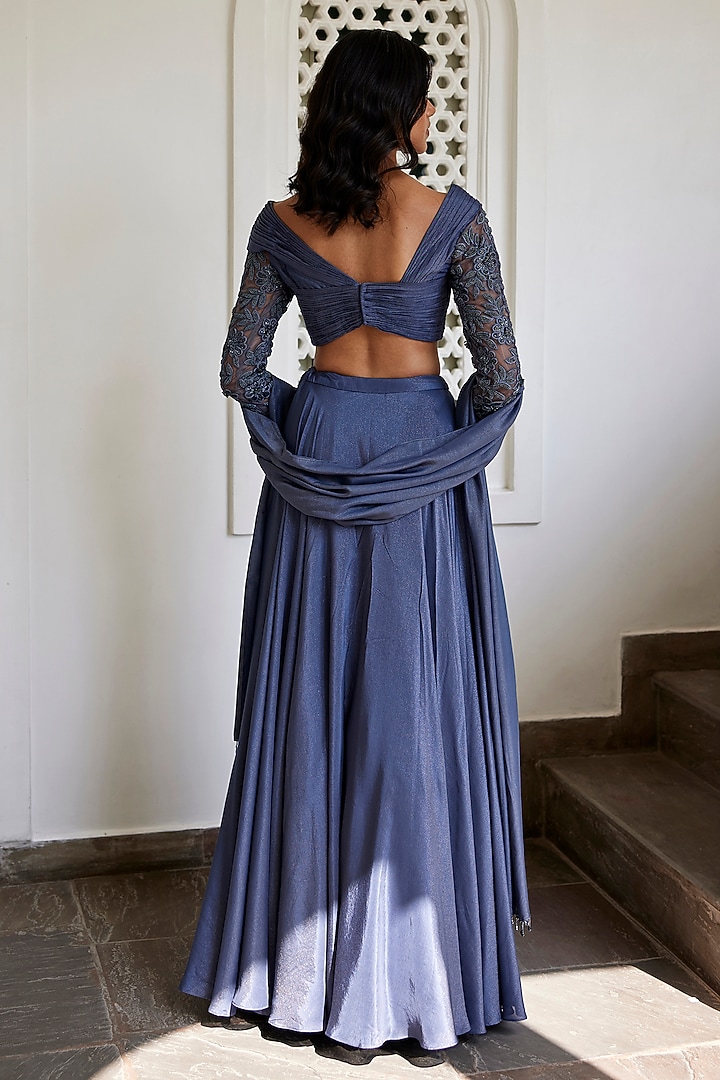 Grey Viscose Shimmer Satin Tassel Flared Skirt Set by Parshya at Pernia's Pop Up Shop