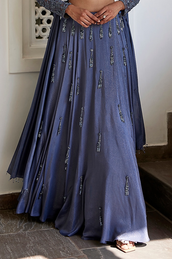 Grey Viscose Shimmer Satin Tassel Flared Skirt Set by Parshya at Pernia's Pop Up Shop