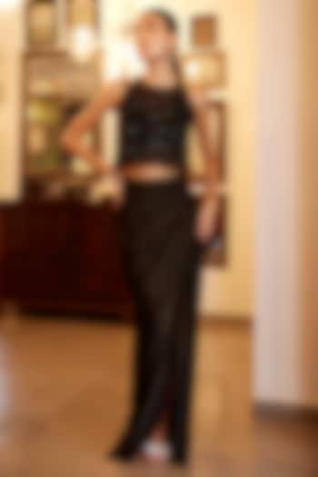 Black Viscose Shimmer Satin Draped Skirt Set by Parshya