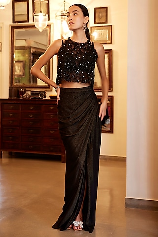 Black Viscose Shimmer Satin Draped Skirt Set by Parshya