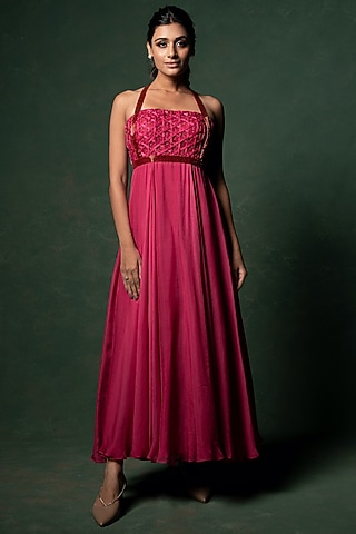Hot Pink Embellished Flared Gown by Parshya
