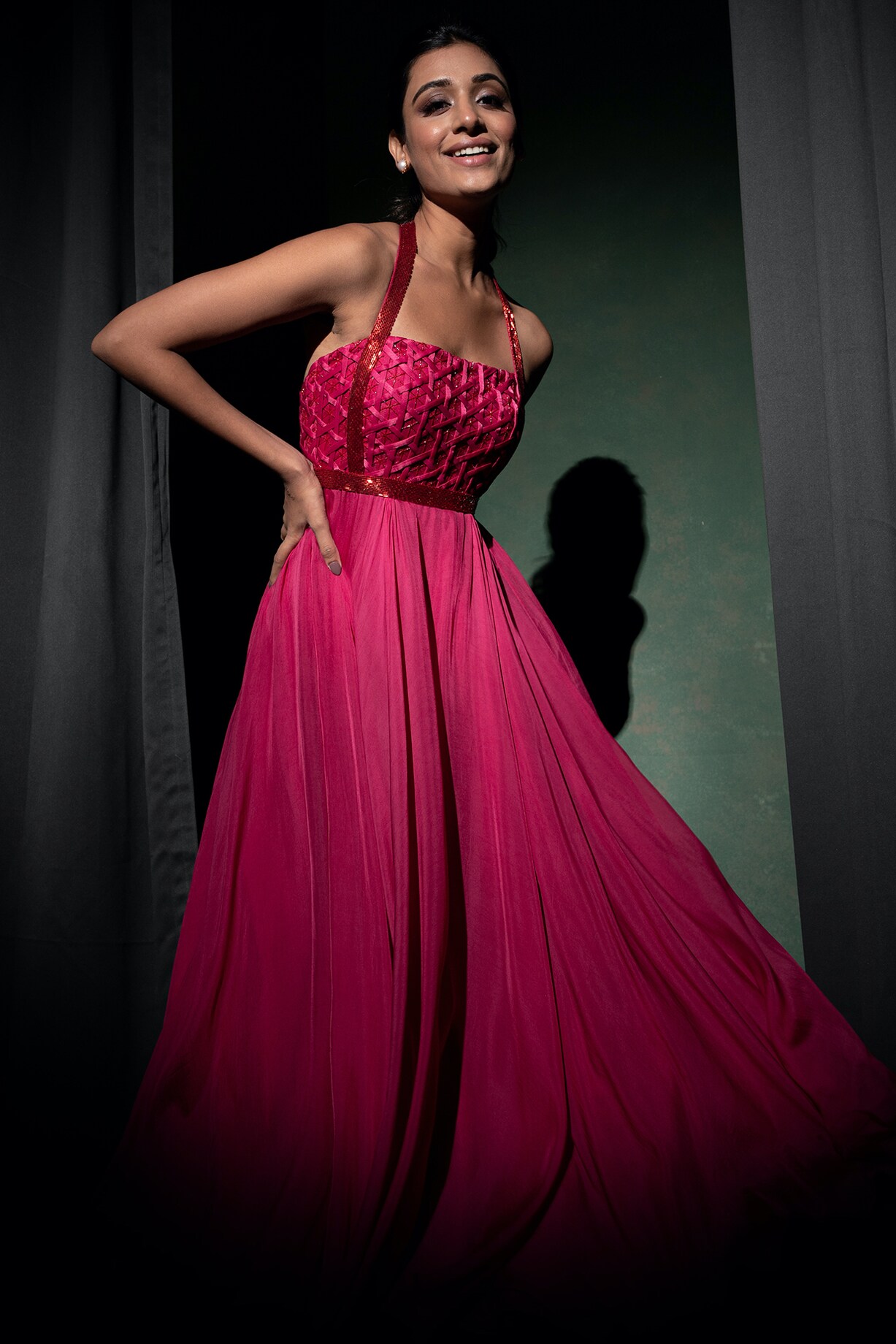 Hot Pink Embellished Flared Gown by Parshya at Pernia's Pop Up Shop 2026
