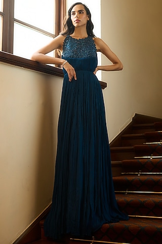 Teal Embellished Ruched Flared Gown by Parshya