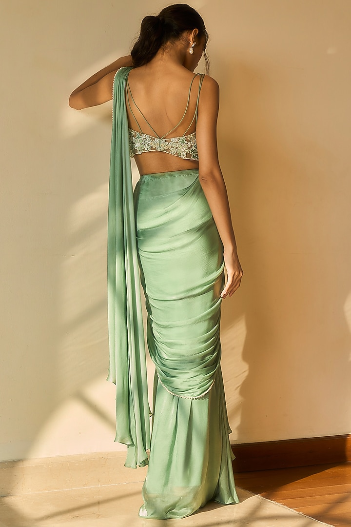 Sea Green Embellished Draped Wedding Saree Set by Parshya at Pernia's Pop Up Shop