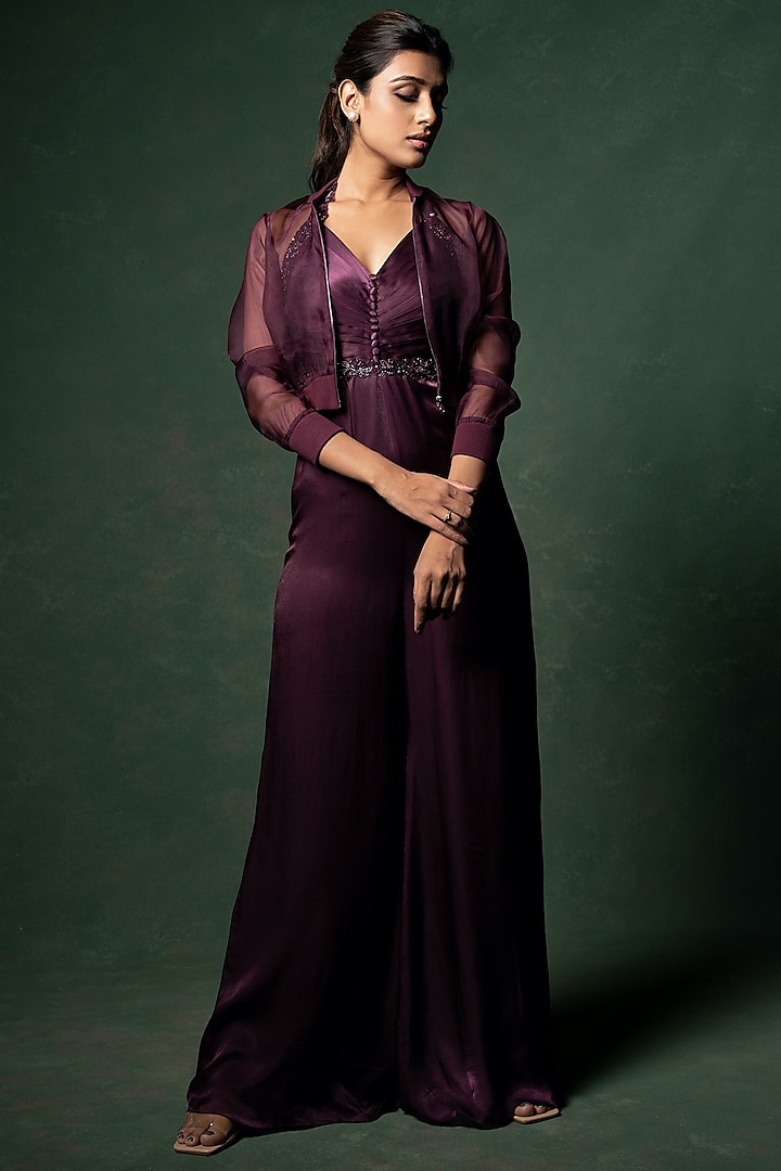 Wine Embellished Jumpsuit With Jacket by Parshya