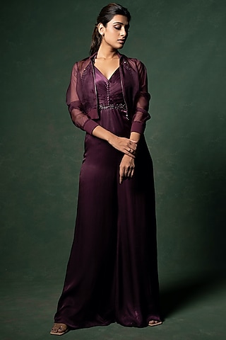 Wine Embellished Jumpsuit With Jacket by Parshya