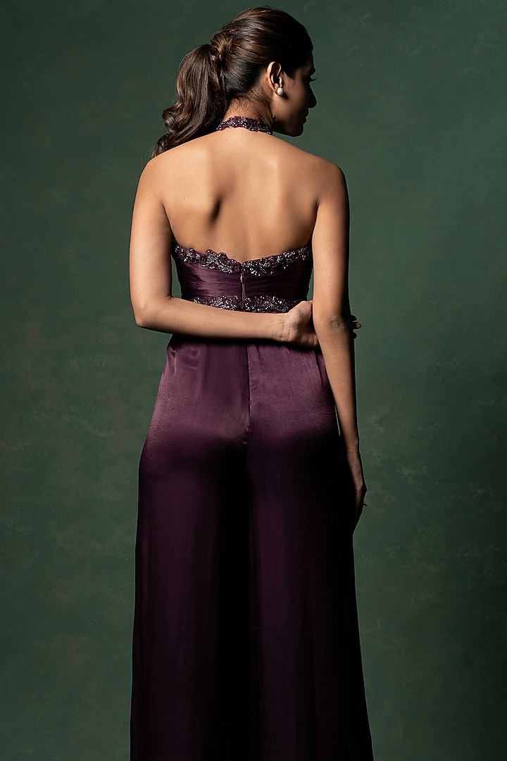 Wine Embellished Jumpsuit With Jacket by Parshya at Pernia's Pop Up Shop
