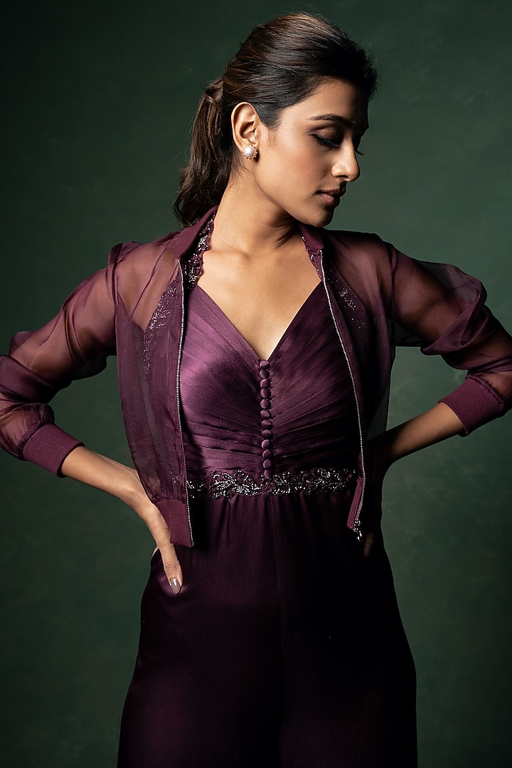 Wine Embellished Jumpsuit With Jacket by Parshya at Pernia's Pop Up Shop