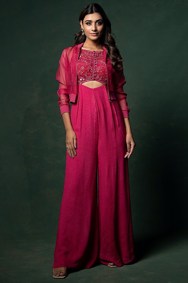 Hot Pink Embellished Pleated Jumpsuit With Jacket by Parshya