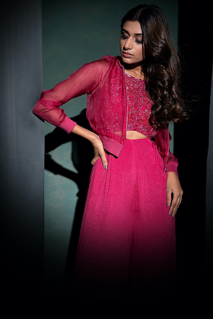Hot Pink Embellished Pleated Jumpsuit With Jacket by Parshya at Pernia's Pop Up Shop