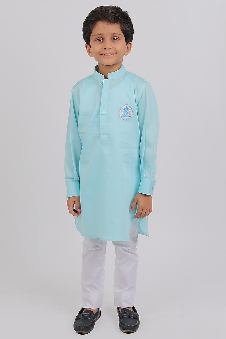 Ice Blue Cotton Resham Embroidered Kurta Set For Boys by Partykles