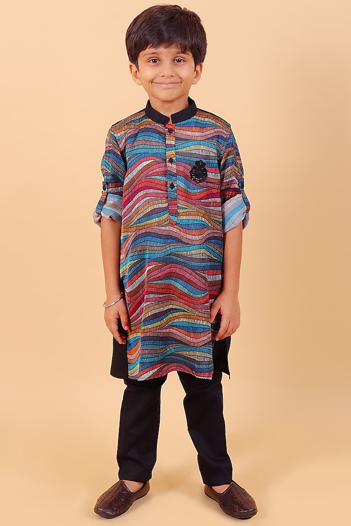 Multi-Colored Silk Satin Kurta Set For Boys by Partykles at Pernia's Pop Up Shop