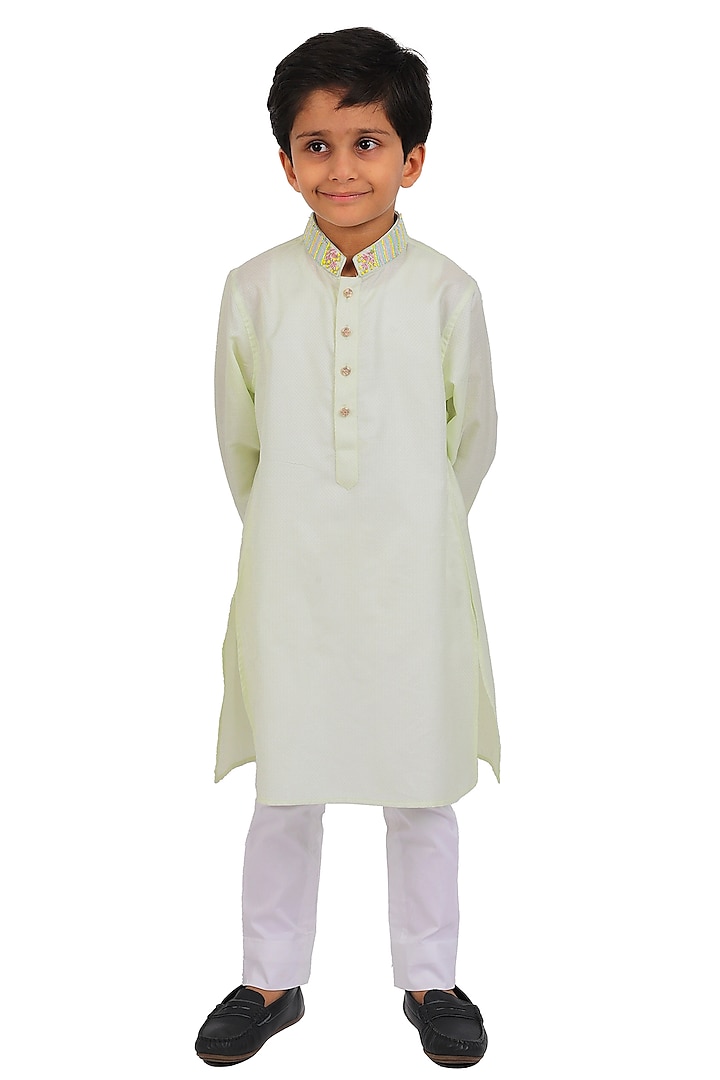 Lemon Yellow Cotton Sequins Embroidered Kurta Set For Boys by Partykles